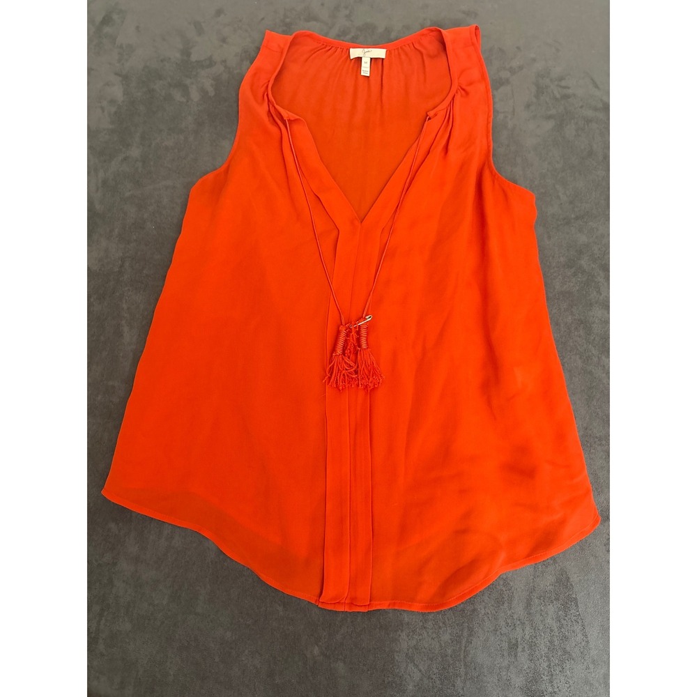 Orange 100% Silk Sleeveless V-Neck Tassel Blouse Medium